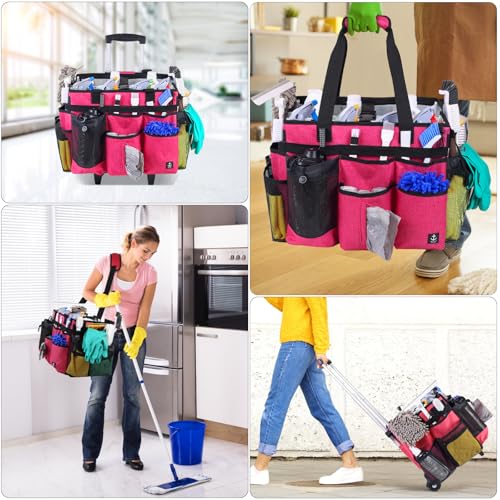 Rolling Cleaning Caddy Bag Built-in Hard Plastic Sheet Detachable Trolley - color: Rose Red