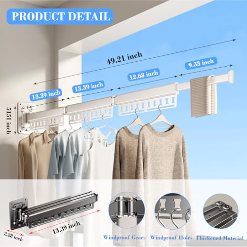 Clothes Drying Rack Wall-Mounted, 3-Fold Retractable Clothes Hanger with Windproof Holes & Detachable Design, Sturdy Foldable Laundry Rack for Balcony, Bathroom Use (Cream White) - color: Cream White