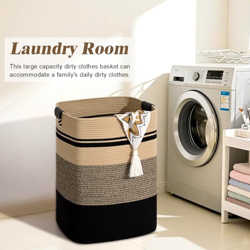 Laundry Hamper, 105L Tall Laundry Basket with Leather Handles, Rectangle Large Clothes Hamper for Organizing, Cotton Woven Laundry Baskets Storage Hampers for Bedroom, Nursery, Living Room - color: Jute& Black, size: 105L