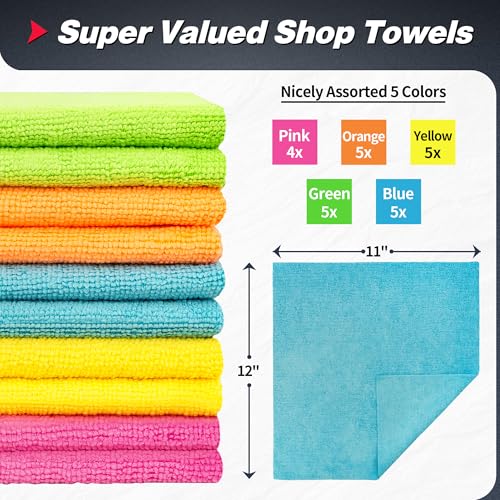 FIXSMITH Shop Towels, Microfiber Cleaning Cloth Bulk, 24 Pack Microfiber Towels for Cars, All-Purpose Absorbent Cleaning Rags, Dust Cloth for Automotive, Mechanic, Garage, Bar, 11.5 x 11.5 inch - color: 5 Colors, size: 24PK