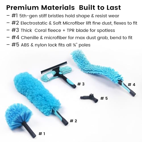 Ceiling Fan Duster Kit 5-in-1 – Screw-On Cobweb Duster, Squeegee & Microfiber Heads – Washable Bendable – Fits Standard 3/4" Threaded Extension Pole – House Cleaning Kit, Blue - size: 5PC-kit1