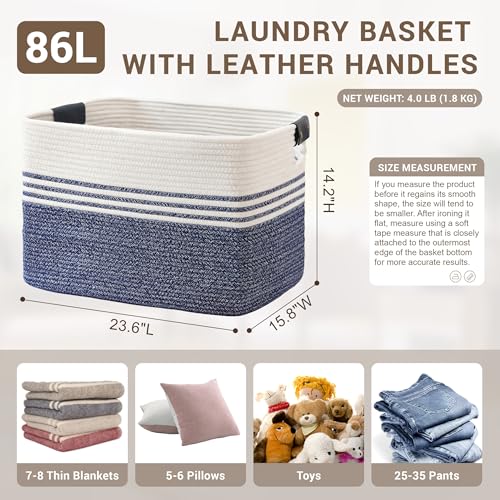 86L Woven Laundry Basket Hamper with Leather Handles,Denim Blue - color: Denim Blue, size: 86L