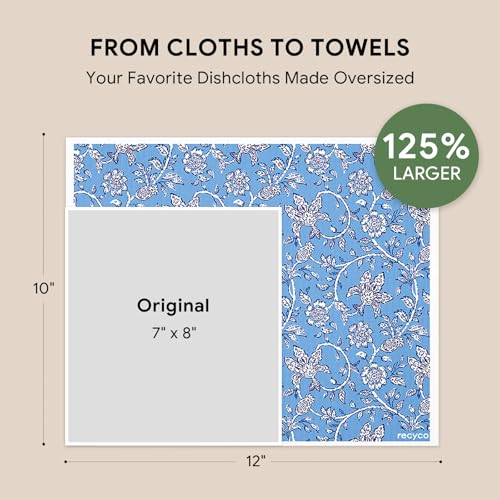 RECYCO Swedish Dishcloths for Kitchen | 4 Pack Oversized Washable Dish Rags | Large Cellulose Reusable Cleaning Paper Towels | Absorbent Counter Dish Cloth Sponge XL Kitchen Wipes, 12" L x 10" W - color: Heritage Florals Blue - Xl 4 Pack