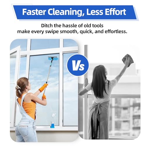65'' Window Washing Kit with Extension Pole, 2-in-1 Window Cleaning Kit with Scrubber and Rotating Head, Window Cleaner Tool for Shower Rooms, Glass, Floors, Tiles, Walls, Car Windshields - size: 65''