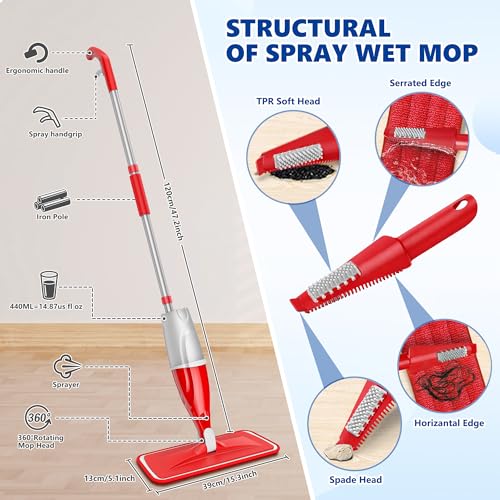 Spray Mops for Floor Cleaning: Wet Dry Mop Hardwood Floor Mops Refillable - color: Red