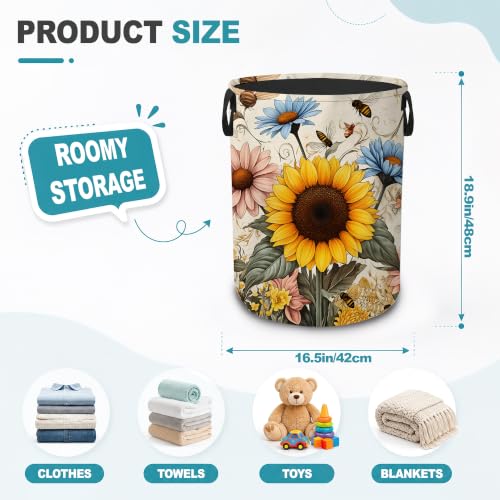 Sunflower Bees Dirty Clothes Hamper,Foldable Laundry Basket with Handles,Wildflower Garden Waterproof Oxford Cloth Storage Bin for Bedroom Bathroom Nursery,16 x 20 Inch - color: Sunflower Bees,Wildflower Garden