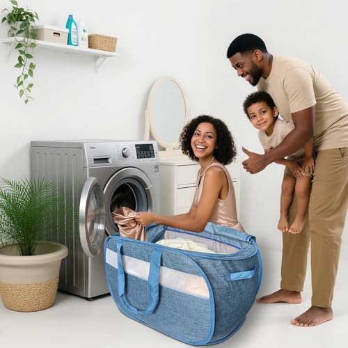 Upgraded 100L Extra Large Mesh Pop Up Laundry Hamper with Lid and Handles. XL Closet Storage Bins, Dirty Clothes Basket for Dorm Home, Foldable Laundry Basket. Blue. H - color: Navy