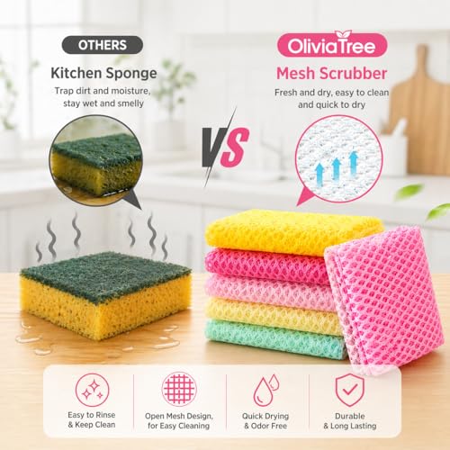 OliviaTree 5 Pack Dish Washing Net Cloths, Quick Dry Mesh Net Scourer Pads