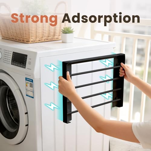 Foldable Wall Mounted Clothes Drying Rack,Space-Saving Laundry Drying Rack, Magnetic & Punch-Free Retractable Hanging Rack with 4 Drying Bars, Heavy-Duty Fold Down (Black) - color: Black
