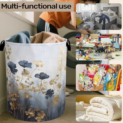 Blue Flowers Laundry Basket - Extra Large Foldable Laundry Hamper with Handles, Washable Storage Bin for Bathroom/Laundry/Bedroom/Dorm - color: Blue Luxury Flowers