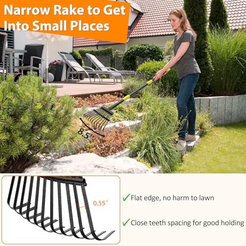 Rake for Leaves - 11 Tines Heavy Duty Metal Small Narrow Leaf Rakes, Adjustable Garden Rake for Lawns Yard Flower Bed Grass Mulch Shrub Camping Gardening 65inch - style: 11 Tines - 65 Inch