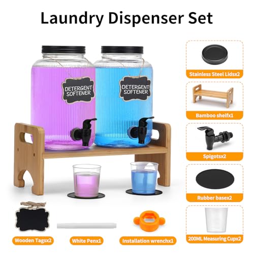 2-Pack Laundry Detergent Dispenser with Bamboo Stand,1 Gallon Laundry Soap Dispenser with Measuring Cup,Glass Laundry Detergent Containr for Laundry Room Organization and Storage