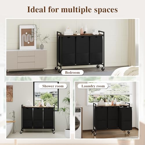 Laundry Sorter with Wheels, 3 Section, Rustic Brown Black - size: 3 Bags-120L / Rustic Brown + Black / w Wheels