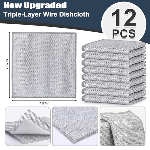 Navona 12 Pcs New Upgrade Steel Wire Dishcloth,Triple-Layer Steel Wire Cleaning Cloth,Powerful Cleaning Non-Scratch Wire Dishcloth Rag for Cookware, Sinks, Dishes, Stove Tops - color: 12-pack (Triple-layer)