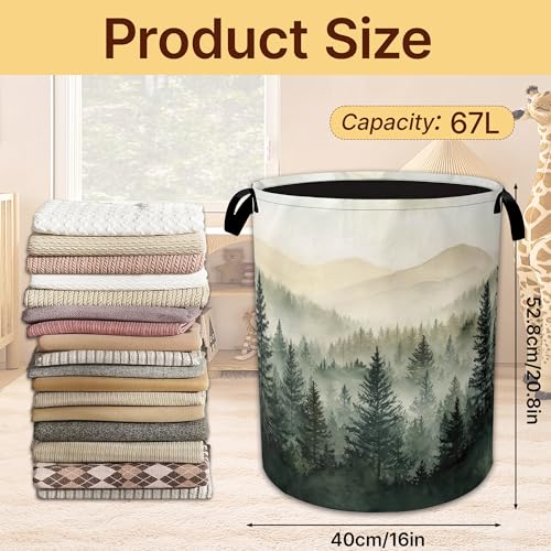 Collapsible Laundry Basket,Green Forest Waterproof Oxford Cloth Hamper with Handles,Misty Mountain 16 x 20.8 Inch Portable Storage Organizer for Laundry Room Bedroom - color: Green Forest,Misty Mountain