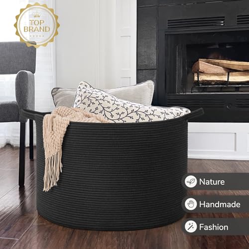 INDRESSME 115L Extra Large Woven Rope Blanket Basket Living Room, Black - color: Black, size: 23.6"D x 15.7"H