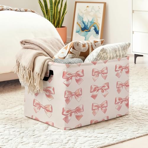 Pink Bowkont Foldable Laundry Basket Hamper with Handles, 56L Large Capacity Toy Storage Organizer, Collapsible Clothes Hamper for Home Decor and Bedroom Organization. - color: Pink Bowkont