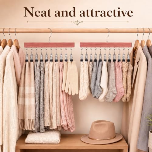 Novabright 2 Pack Cedar Hangers with 12 Clips, 360° Rotating Multi Clip Hangers for Closet, Wooden Hanging Space Saving Organizer for Leggings Pants Jeans Socks Hats Scarves Bras Accessories