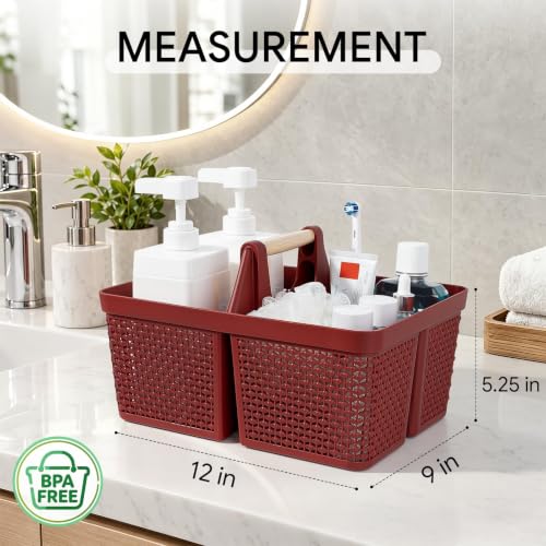 UUJOLY Portable Plastic Shower Caddy Basket with Wooden Handle, Red - color: Red