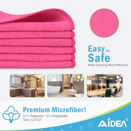 AIDEA Pink Microfiber Cleaning Cloth-12PK, Absorbent Cleaning Rags 12"x12" - color: Pink, size: 12in.x12in.