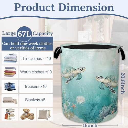 Sea Turtles Laundry Basket,Foldable Oxford Cloth Jellyfish Coral Laundry Hamper with Handles, 20.8"x16" Tote Bag Clothes Storage Bucket for Laundry Room/Bathroom/Bedroom/Dormitories - color: Sea Turtles Jellyfish Coral