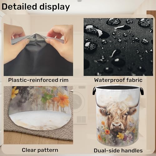 Highland Cow Summer Flowers Large Clothes Hamper Bag - Laundry Basket with Handles, Space Saving Foldable Design for Nursery - color: Highland Cow Summer Flowers