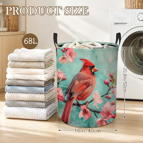 Cardinal Bird Laundry Basket, Pink Flowers Collapsible Laundry Hamper Waterproof Oxford Cloth With Handles, Clothes Storage Bucket For Bathroom/Bedroom 16" x 20.8" - color: Cardinal Bird