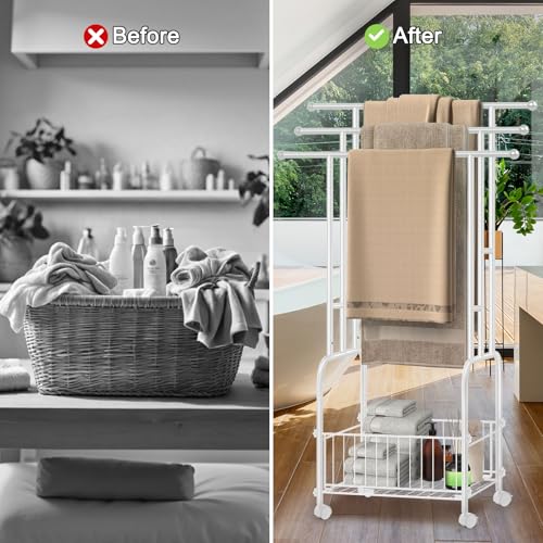 Freestanding Towel Rack for Bathroom, 3-Tier White Metal Stand with Basket