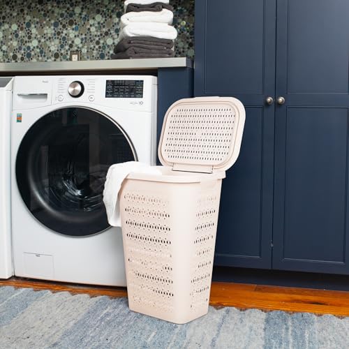 Mind Reader Slim Tapered Laundry Hamper with Lid, Clothes Basket with Swiss Cross Cut-Outs, Lightweight & Ventilated, Plastic, 16.75"L x 12.75"W x 23"H, Ivory - color: Ivory