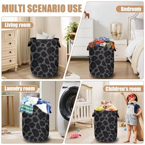 Grey Black Leopard Print Laundry Basket, Foldable Animal Leopard Laundry Hamper Tote Bag Dirty Clothes Storage Bucket Organizer for Bathroom/Laundry/Bedroom 15.7"x19.6" - color: Grey Black Leopard Print