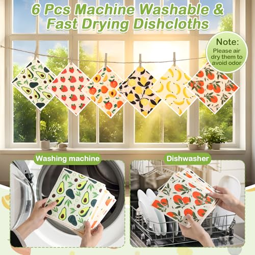 Lucomb Swedish Dish Cloths for Kitchen | 6-Pack Super Absorbent Washable Cleaning Cloths Reusable Paper Towels| Quick-Drying Sponge Wipes No Odor for Party Home Housewarming Kitchen Cleaning - color: 6 Pack- Fruits