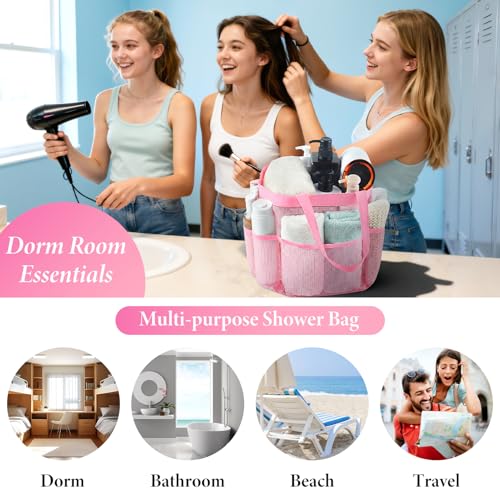 Mesh Shower Caddy Portable - 9 Pockets, Shower Bag for Dorm Room Camping - color: light pink