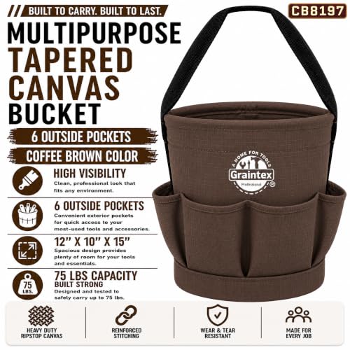 Graintex Tapered Canvas Bucket 12"x10"x15", Utility Tool Bucket 6 Pockets Outside, Reinforced Base & Carry Handle, Ripstop Canvas, Multi-Purpose Bag for Jobsite & Home Use - Coffee Brown - color: Coffee Brown