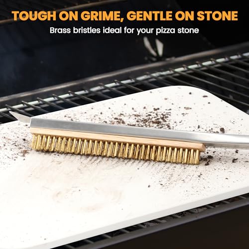 21'' Pizza Brush with Stainless Steel Stone Scraper - Brass Bristles - Wood Handle - Hanging Ring - Outdoor Pizza Oven Accessory - Compatible with Ooni, Gozney, Blackstone, Solo Stove Ovens - size: 21 Inch