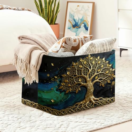 Golden Life Tree Foldable Laundry Basket Hamper with Handles, 56L Large Capacity Toy Storage Organizer, Collapsible Clothes Hamper for Home Decor and Bedroom Organization. - color: Golden Life Tree