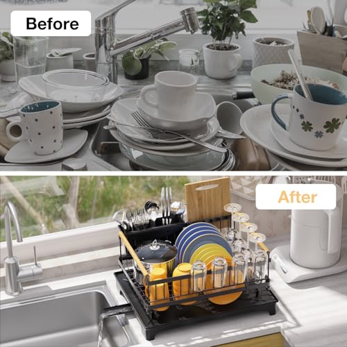 Dish Rack for Kitchen Counter with Drainboard Dish Drying Rack Rustproof Carbon Steel , 360° Swivel Spout, Space-Saving Dish Strainer Organizer with Cup & Utensil Holder, Holds 12 Plates, Black - size: 1 Tier Standard