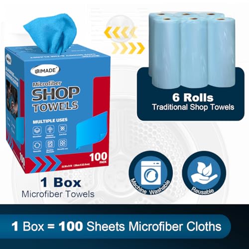 UNIMADE Shop Towels, 100 Sheets Microfiber Cleaning Cloth - color: Blue