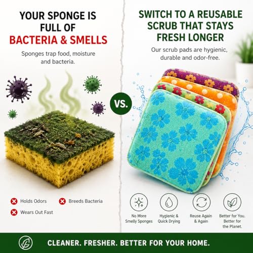 Reusable Dish Scrubbers (4 Pack) – Odor-Free Sponge Alternative, Non-Scratch Kitchen Scrubber for Dishes, Pots & Pans – Long-Lasting, Eco-Friendly Cleaning Pads