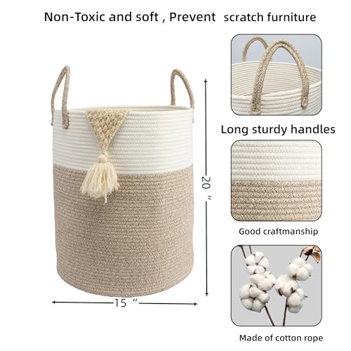 Woven Cotton Rope Laundry Basket, 15x20 Laundry Hamper, White/Brown - color: white and brown, size: Regular
