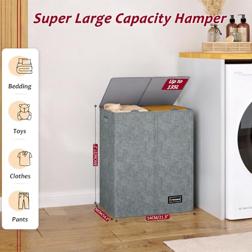 135L Laundry Hamper 2 Section, Large Laundry Hamper with Lid, Dirty Clothes Hamper with 2 Removable Inner Bags, Collapsible Laundry Basket Organizer for for Clothes Toys Towels, Hamper 2 Compartment - color: Grey, size: 135L