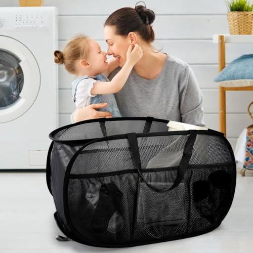 2 Pack Collapsible Laundry Baskets, Upgrade Pop Up Laundry Hamper with Convenient Bags, Foldable Laundry Basket Mesh Light Weight, Easy to Carry Clothes Hampers for Laundry, Dorm, Travel Black+Grey - color: Black+Grey