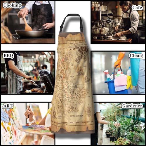 Baking Apron for Women Pirate Treasure Map Fun Aprons for Men for Kitchen Cooking Restaurant BBQ Painting Crafting 27” (W) x 31” (H), Waterproof Aprons - color: Pirate Treasure Map