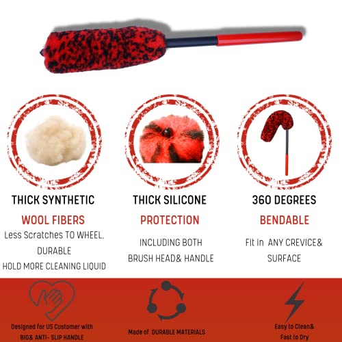 oesee Professional 4 Pack Long Handle Wheel Brush Kit for Cleaning Wheel and Tire- 2X Soft Wheel Cleaning Brush, Detailing Brush and Stiff Tire Brush, Bendable& Durable Wheel Rim Cleaner Brush Set - size: 4 Pack (Red & Black)