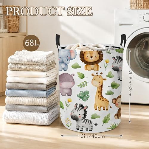 Cute Animals Laundry Basket, Jungle Leaves Collapsible Laundry Hamper Waterproof Oxford Cloth With Handles, Clothes Storage Bucket For Bathroom/Bedroom 16" x 20.8" - color: Cute Animals