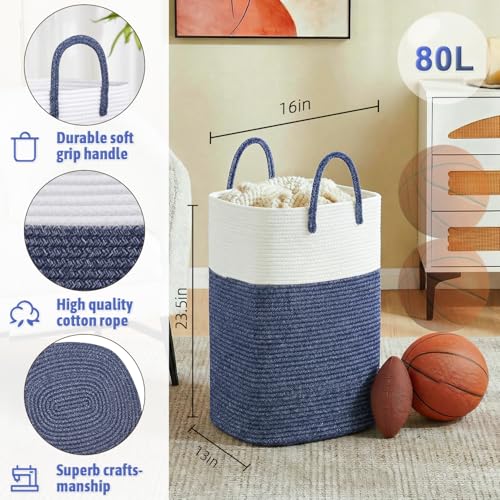 Artfeel Laundry Basket,Woven Cotton Rope Laundry Hamper,60L Versatile Storage for Dirty Clothes,Baby Toys,and Blankets in Bathroom, Nursery,and Living Room - color: Blue, size: 80L