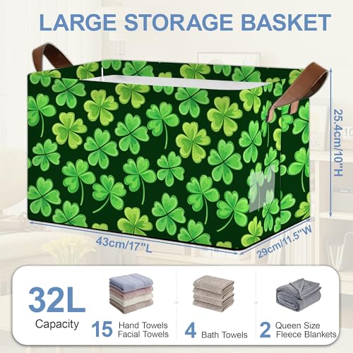 Lucky Clover Storage Basket with Handles,Patrick's day Collapsible Rectangle Organizer Bin for Room Decoration Books Box Baskets 17x11.5x10Inch - color: Lucky Clover Patrick's day
