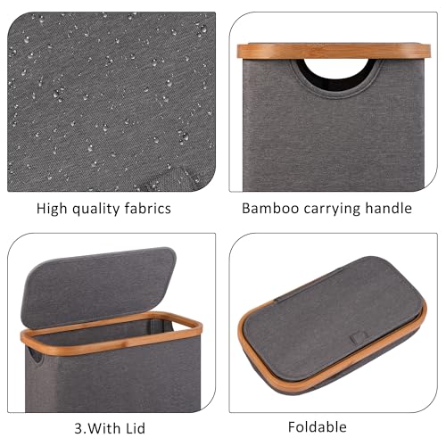 Slim Laundry Basket,60L Laundry Hamper with Lid, Tall Hamper for Laundry,Dirty Cloth Hamper with Bamboo Handle for Towels, Clothes Organizing,Grey - color: Grey, size: 60L Slim