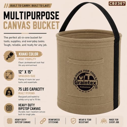 Graintex Canvas Utility Bucket 12"x15", Round Tool Bucket, Reinforced Base & Carry Handle, Ripstop Canvas, Multi-Purpose Bag for Jobsite, Gardening, Home Use, Ideal for Tool Storage Solutions - color: Khaki