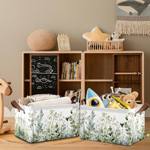 Wildflowers Herb Plants Storage Baskets,Foldable Large Capacity Organizer Bins with Waterproof Lining and Leather Handles for Closet,Shelf,Bedroom 17x11.5x10Inch - color: Wildflowers Herb Plants