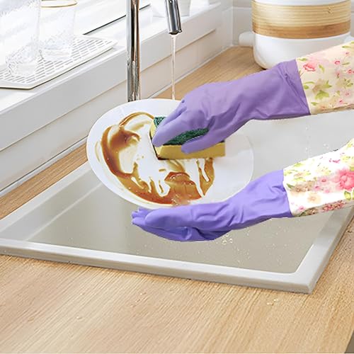 KINGFINGER Cleaning Glove, 3 Pairs Kitchen Glove for Washing Dishes, Latex Free Reusable Elbow Length Household Gloves - size: Large